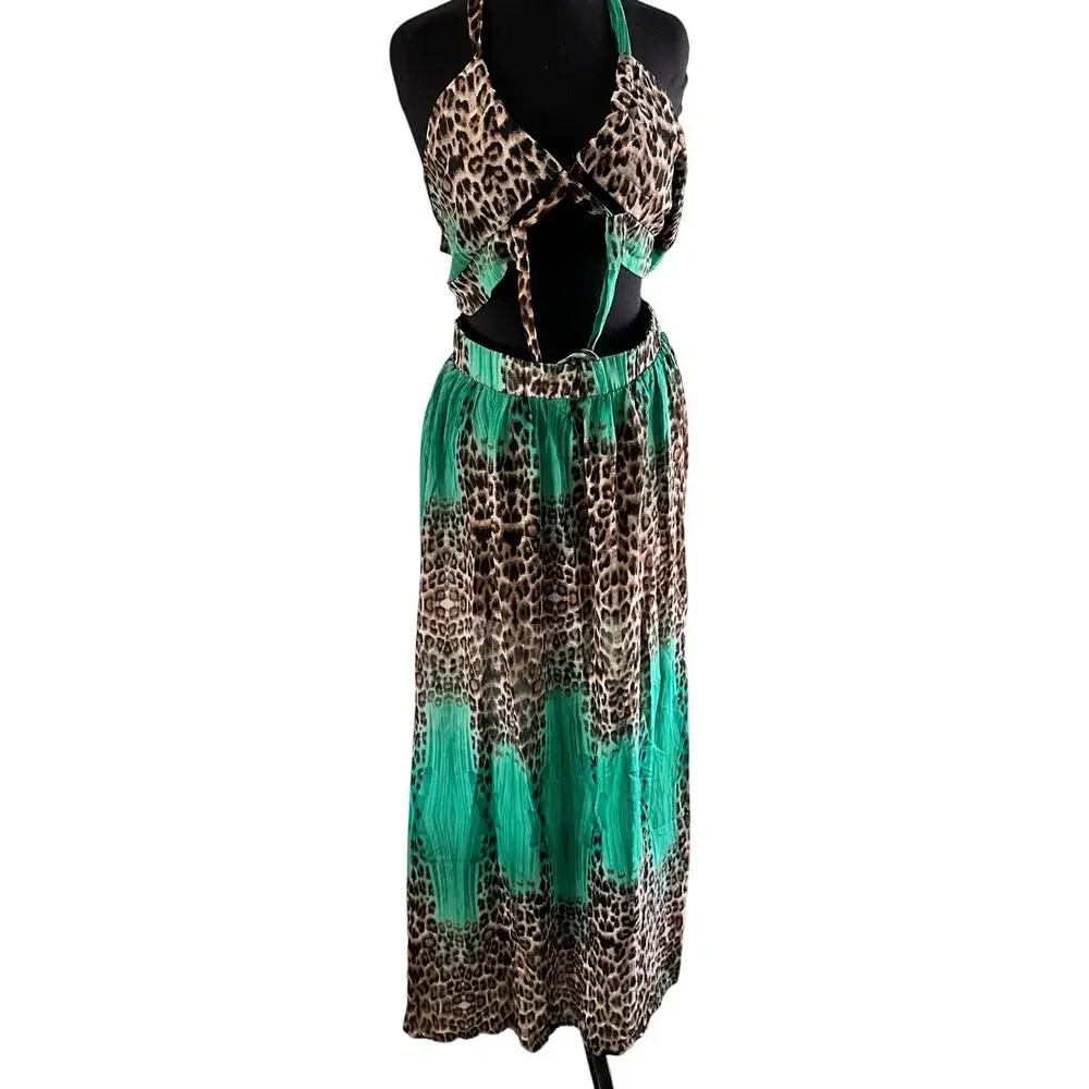 Leopard Green Sexy Dress Sheer Beach Miami Glamaker Size Large NEW WITH TAGS